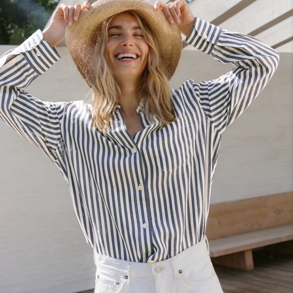 Jenni Kayne Navy and White Striped Button-Down Shirt